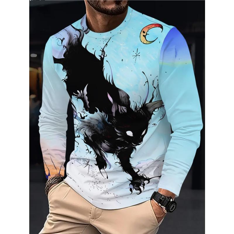 Men Halloween Crescent Moon Black Cat Graphic Long Sleeve T‑Shirt 3D Print Crew Neck Casual Pullover Streetwear Tops