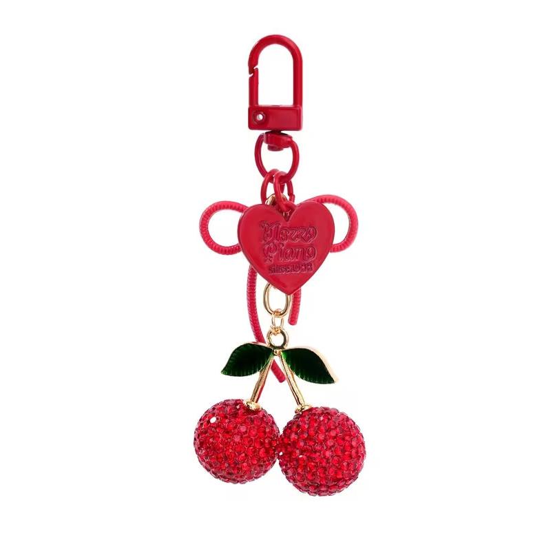 Big Size Red Rhinestone Cherry Keychain, Sparkling Red Cherry Pendant With Green Leaves, Red Heart & Bow Charms