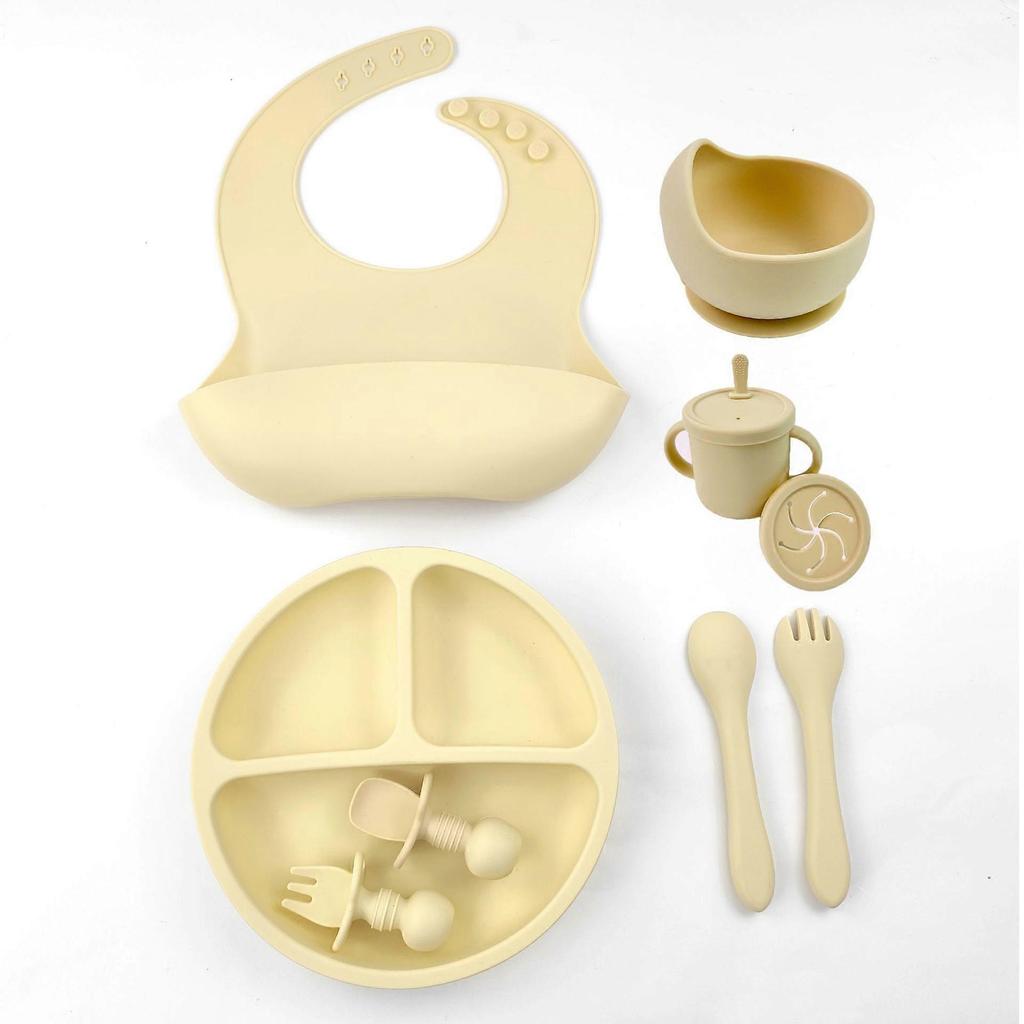 Silicone Baby Feeding 8-piece Food Supplement Bowl with Suction Cup, Dinner Plate, Bib, Fork Spoon, Snack Cup