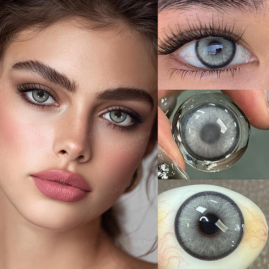 FreshLady 1 Pair 2pc 14.2mm Yearly Disposable Colored Contact Lenses, 40% Water, Brown/Green/Blue/Gray, Soft & Breathable for Daily Wear