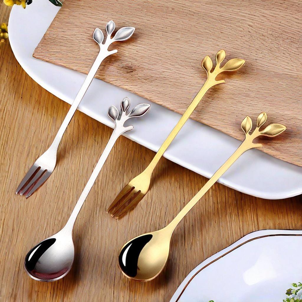 Edelstahl Blatt Löffel- und Gabelset für Kaffee, Speisen und Desserts
