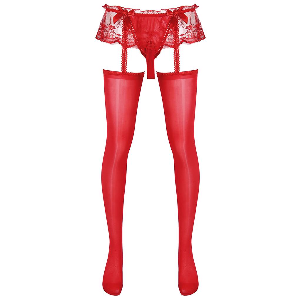 Pánské průsvitné krajkové kalhotky se sukýnkou, vykrojené, s vypouklou kapsou, G-string s lesklými podvazky