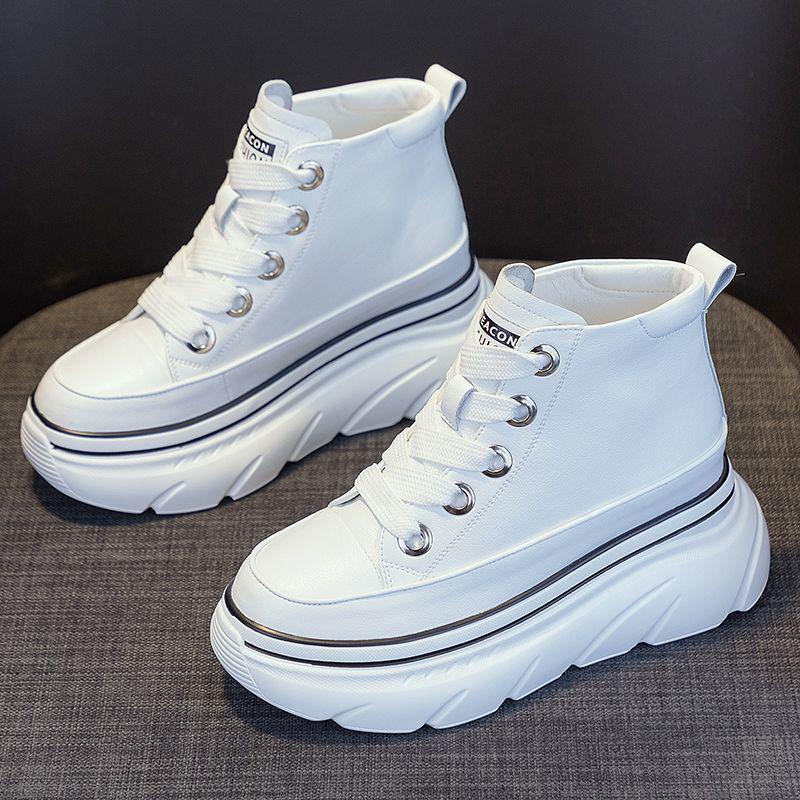 Women's High Top Cowhide Platform Sneakers - Autumn Breathable Casual White Shoes