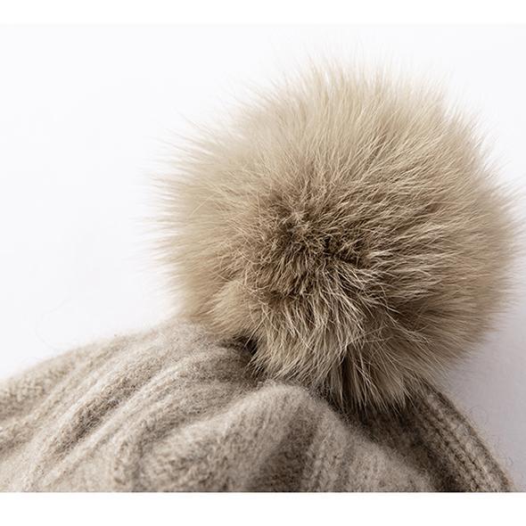 Cashmere Hat with Detachable Fox Fur Pompom, Cable Knit, Warm Ear Protection, Street Style for Autumn & Winter
