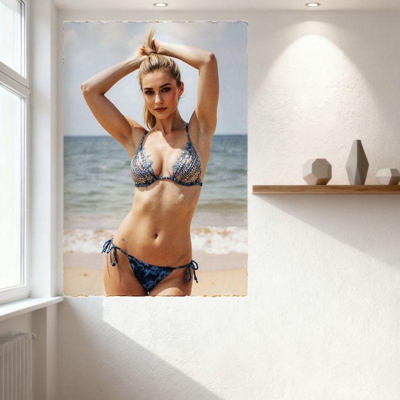 Sexy Blonde Woman Beach Scene Tin Sign - Ocean Waves Partly Cloudy Sky Bikini Metal Poster for Home Bar Cafe Wall Decor