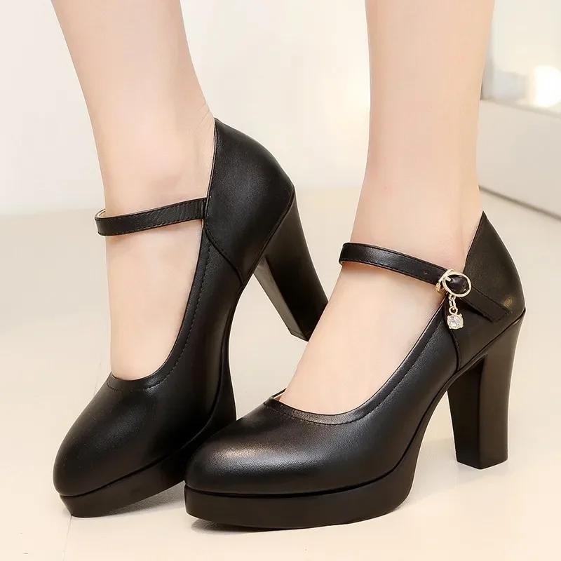 High Heels Platform Pumps Mujer 2025 Spring New Fashion Buckle Solid Black Shoes Woman PU Leather Waterproof Shoes Femme