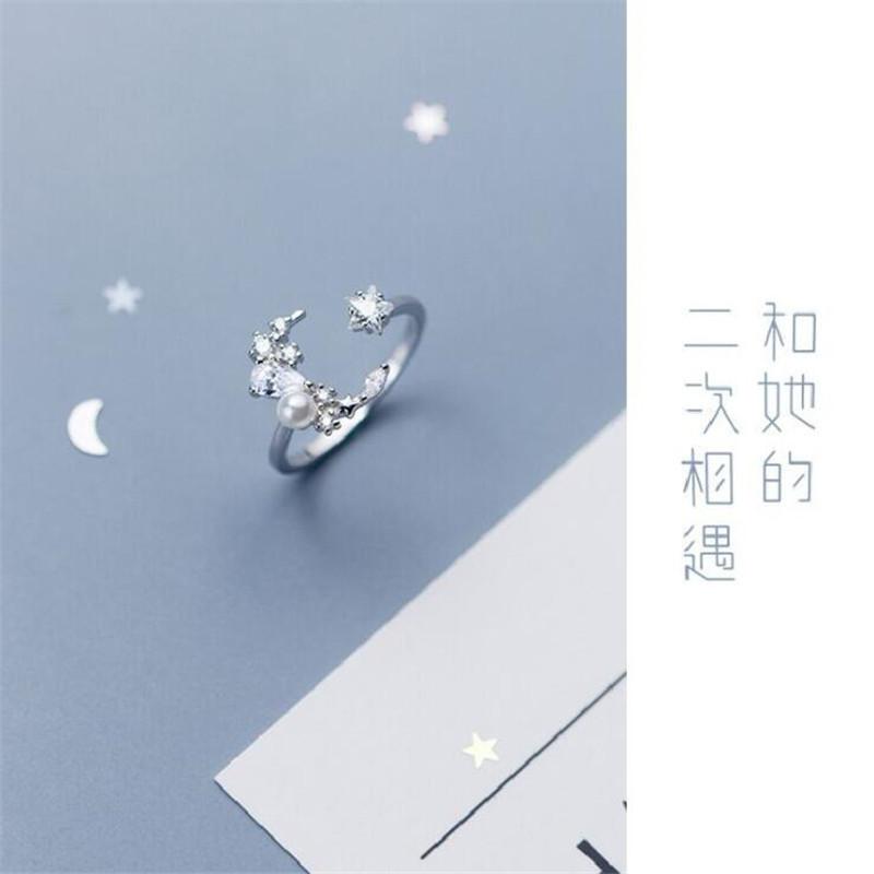 New Fashion Crystal Star Pearl 925 Sterling Silver Jewelry Temperament Personality Moon Sweet Opening Rings TYB069