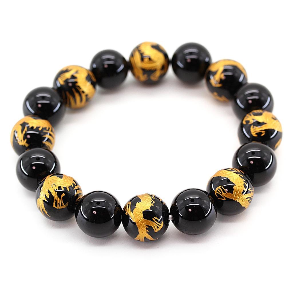 Onyx 12mm Zlatý Vyřezávaný Císařský Drak Onyx 12mm Náramek z Energetických Kamenů [Sekihui] [b434]