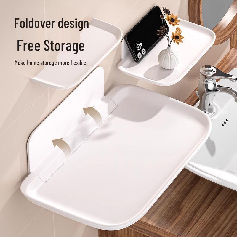 

Складная настенная полка для хранения без сверления для ванной комнаты, душа или прикроватной тумбочки в общежитии Large White 2pcs [Foldable/No-Drill]