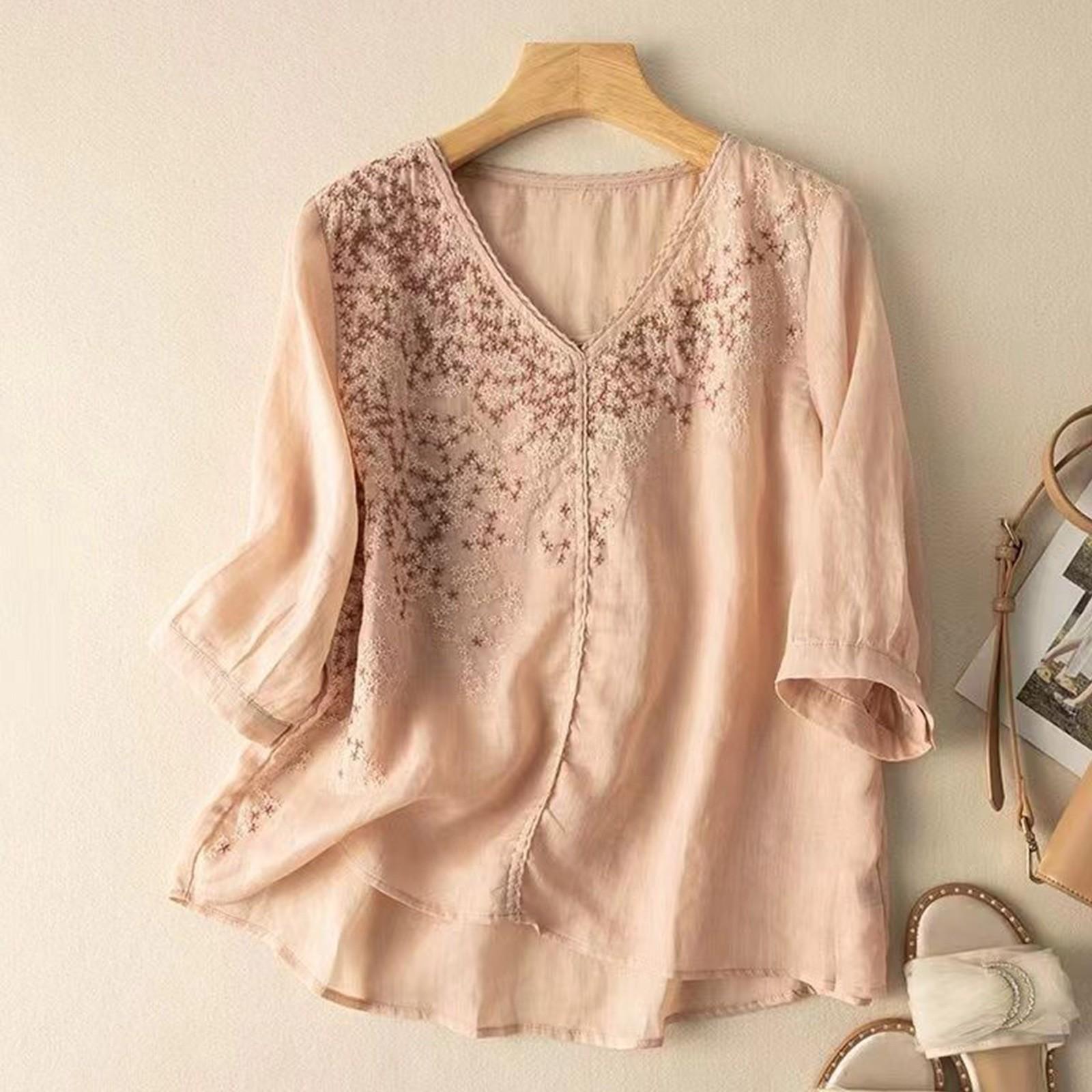 

Women s Cotton And Linen Short Sleeve Embroidery Vintage Breathable T-shirt V-neck Top L