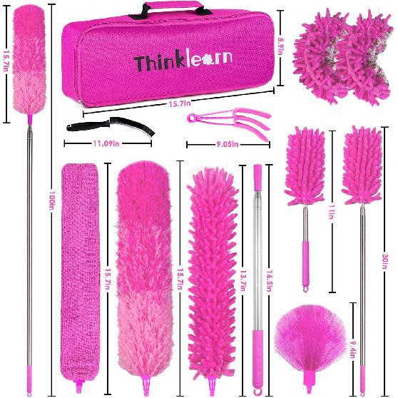ThinkLearn Microfiber Dusters for Cleaning,14PCS Feather Dusters with Extension Pole,Bendable Washable and Extendable Duster for High Ceilings, Fans