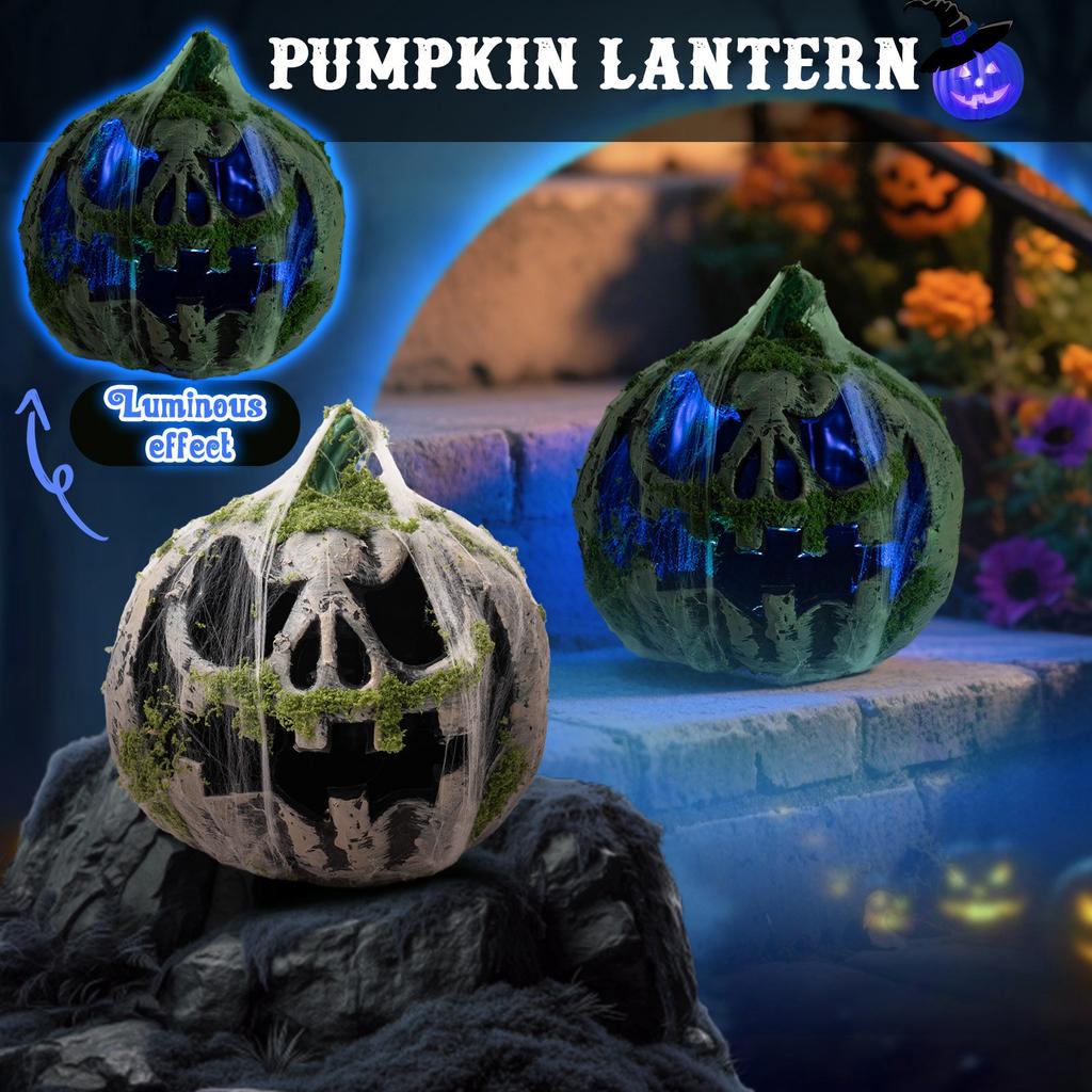 Halloween Luminous Moss-Covered Pumpkin , 8.66 Inch Spooky Glowing - O - For Indoor Outdoor Halloween Decor