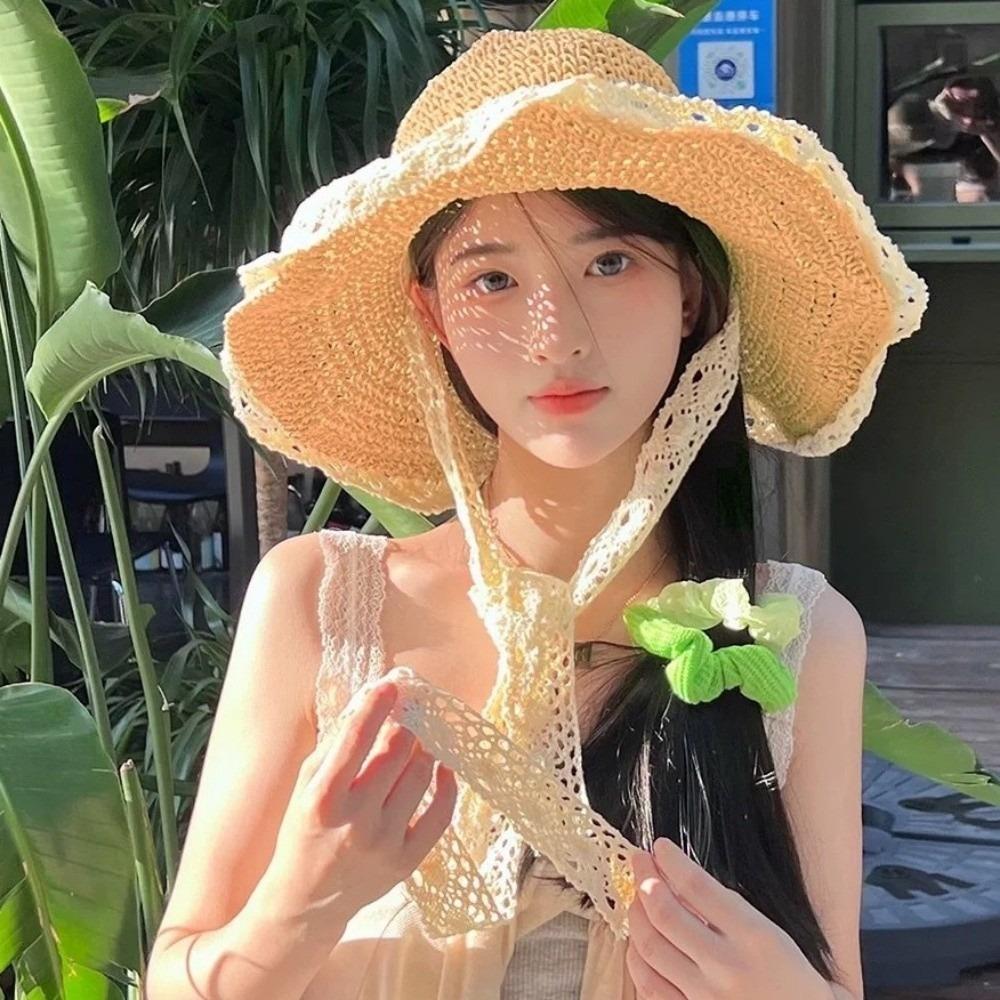 New Lace Ruffle Summer Straw Hat Solid Color Bowknot Sun Protection Hat Wide Brim Woven Straw Fisherman Cap Beach