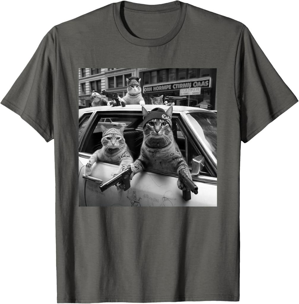 Print Gangster Cats Graphic Tee Men's Funny Street Style Oversized T-Shirt Casual Daily Print Round Neck