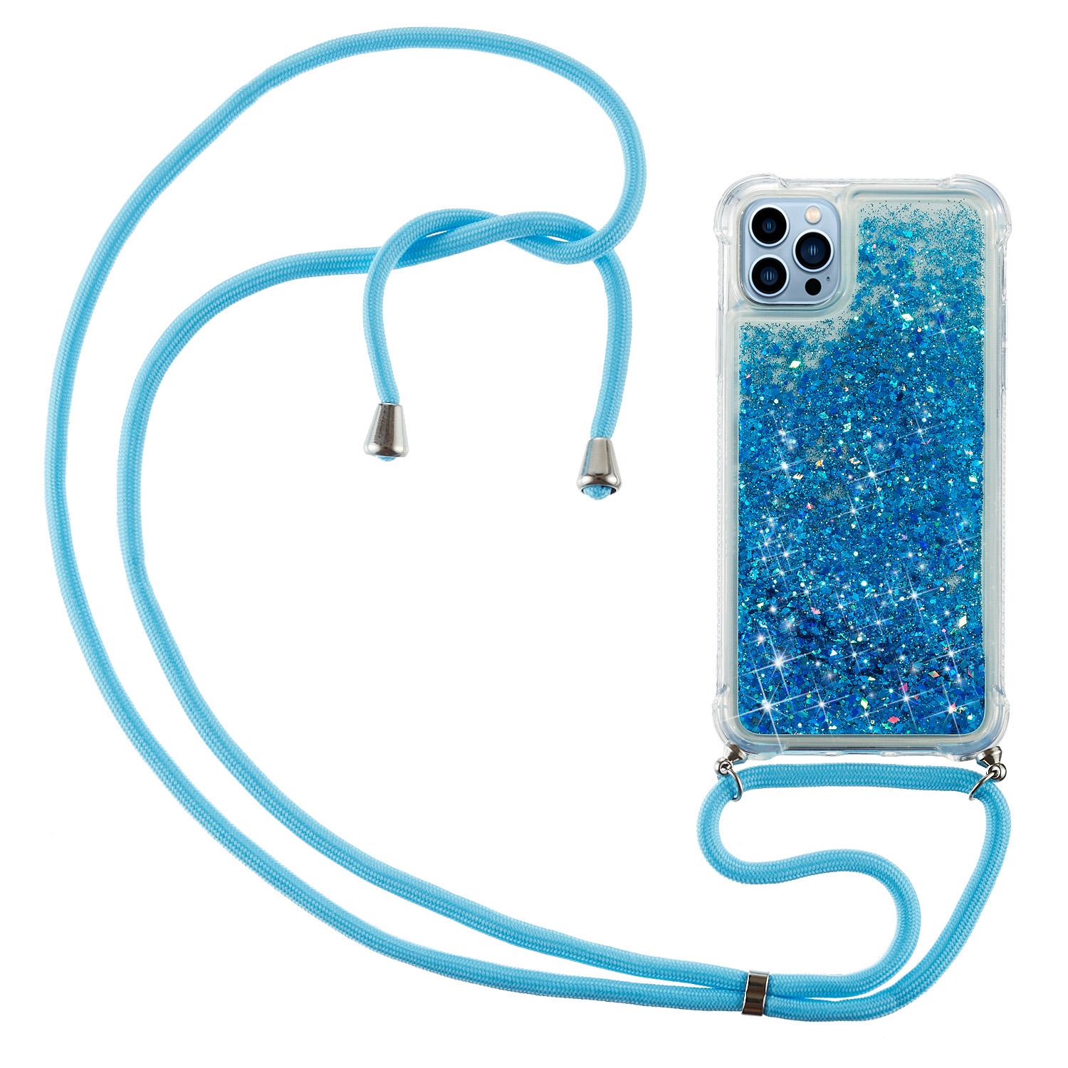 

For iPhone 15 Pro Gradient Liquid Sequins Case TPU Cell Phone Cover with Long Strap Blue