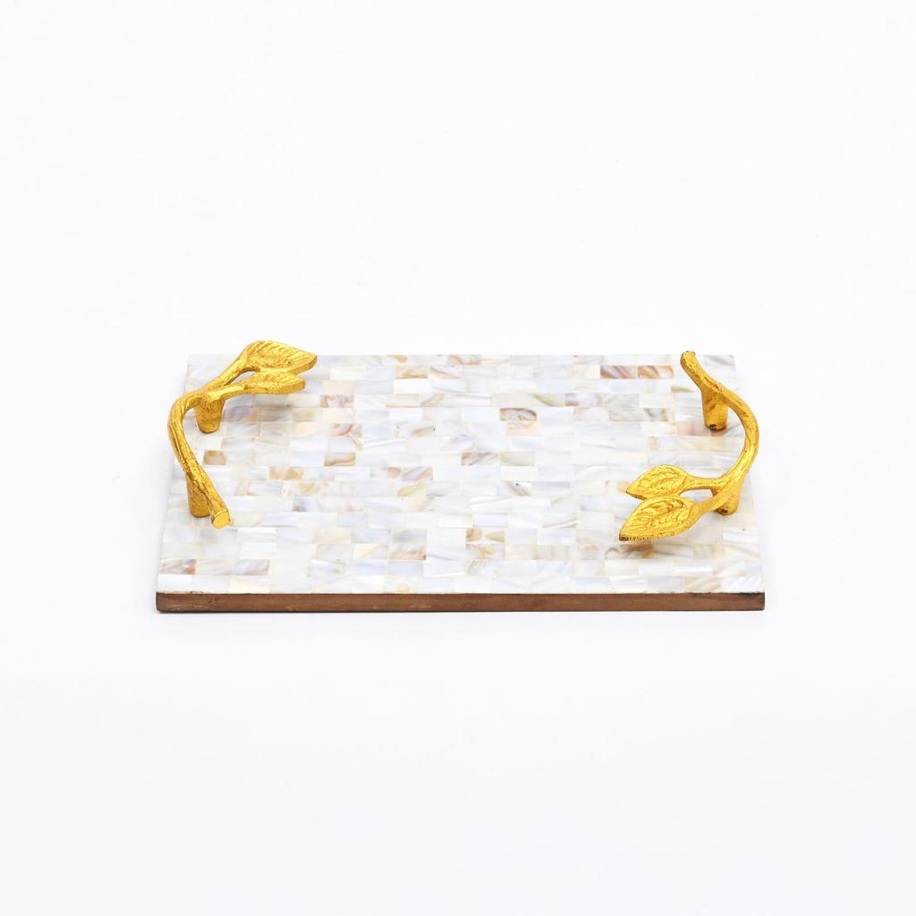Mother Of Pearl Resin Tray With Gold Leaf Handles – Luxury Décor