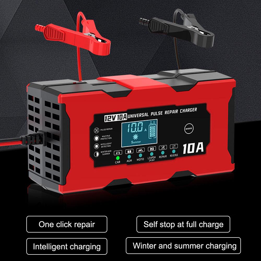 Car Battery Charger Multiple Protection 14.6V 10A Iron Lithium Charger Pulse Repair 12V 10A Smart Battery Charging EU/US Plug Digital LCD Display