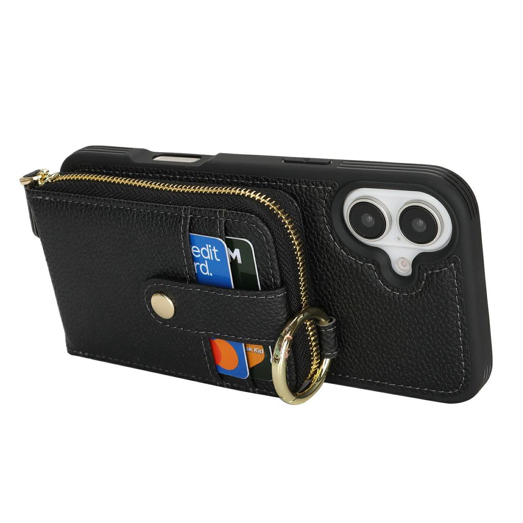 For iPhone 16 Plus Case with Zipper Pouch/Ring Kickstand/Strap Litchi Texture PU + TPU Phone Cover