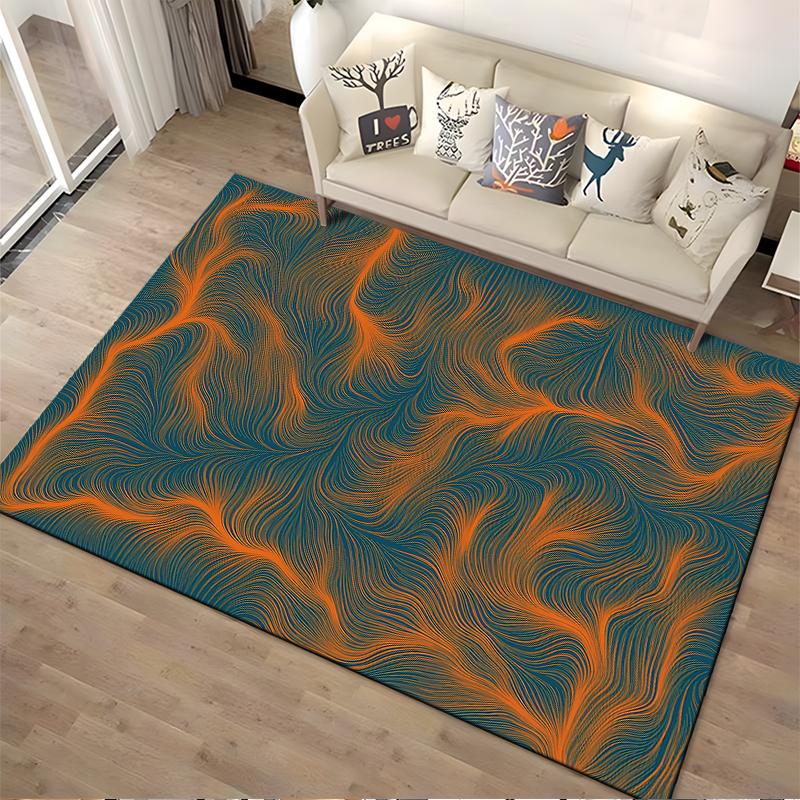 Modern Abstract Lines Area Rug Orange and Blue Wavy Pattern Carpet Suitable for use as an anti-slip for living room bedroom sofas