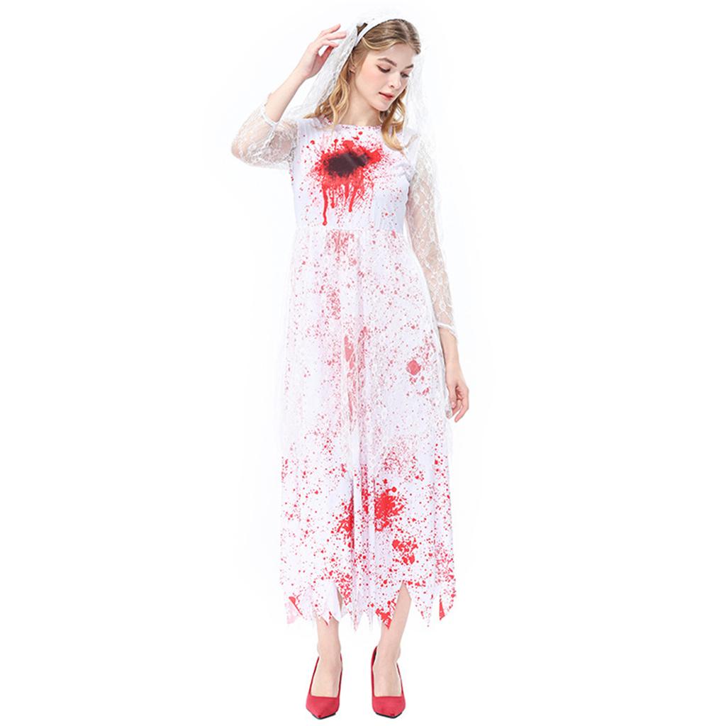 Long Sleeve Lace Dress with Blood Stain Print and for Adult Scary Party Cosplay Halloween Costumes Bride Outfit for Women Halloween Costumes