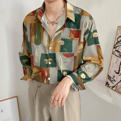 Men Long Sleeve Floral Printed Casual Loose Baggy Shirts