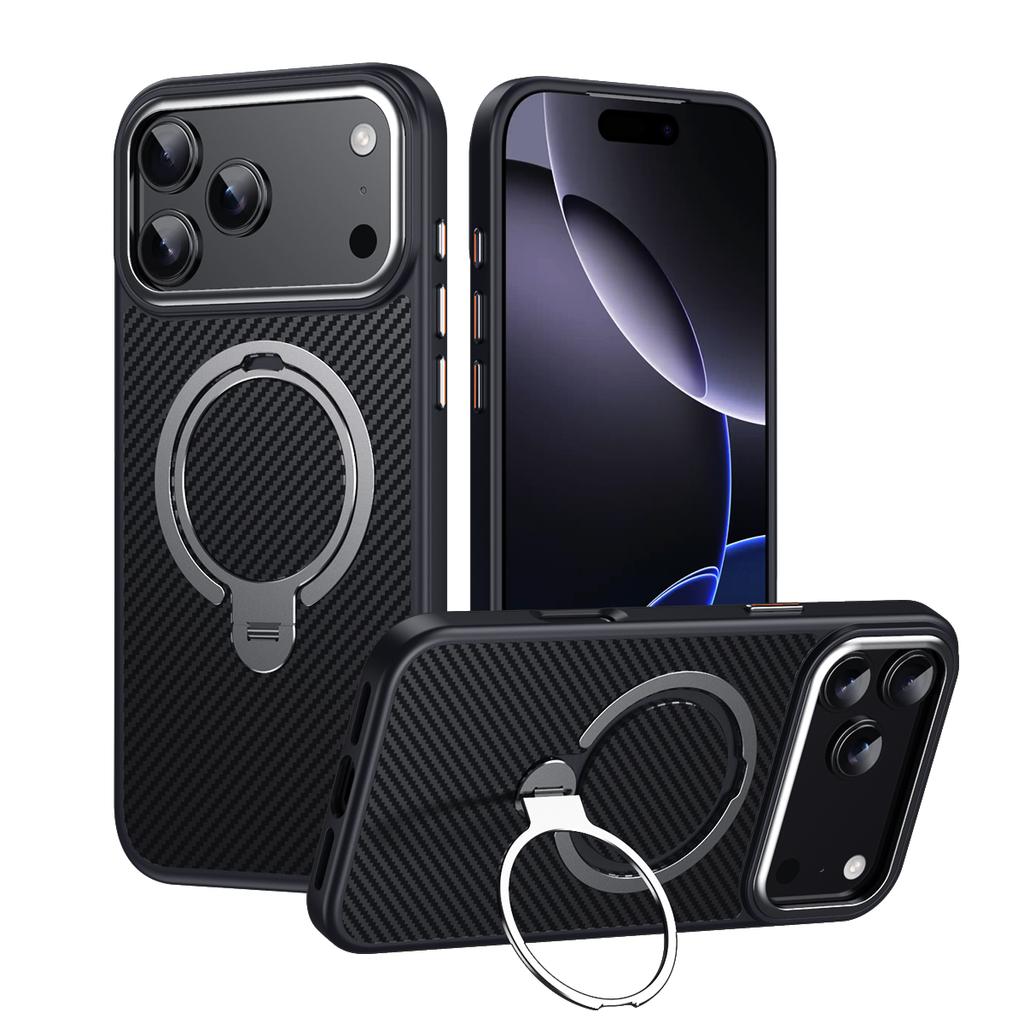 360 Rotating Kickstand Magnetic Carbon Fiber Pattern Case For iPhone 17 Pro Max 16 Plus 15 14 13 12 Comfortable Grip Slim Cover