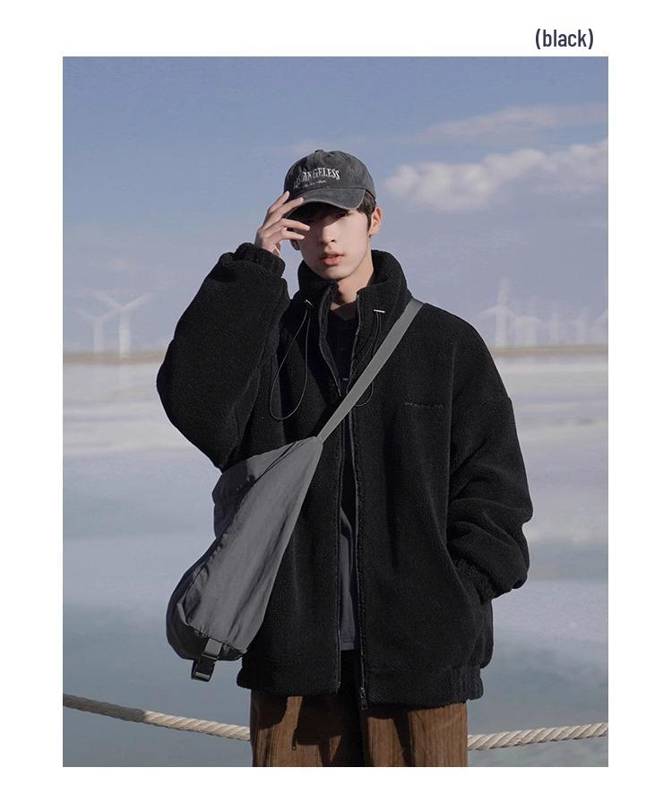Men's Thickened Cotton-Padded Fleece Jacket, Stand Collar, Loose Fit, Warm Outerwear for Fall/Winter Students.