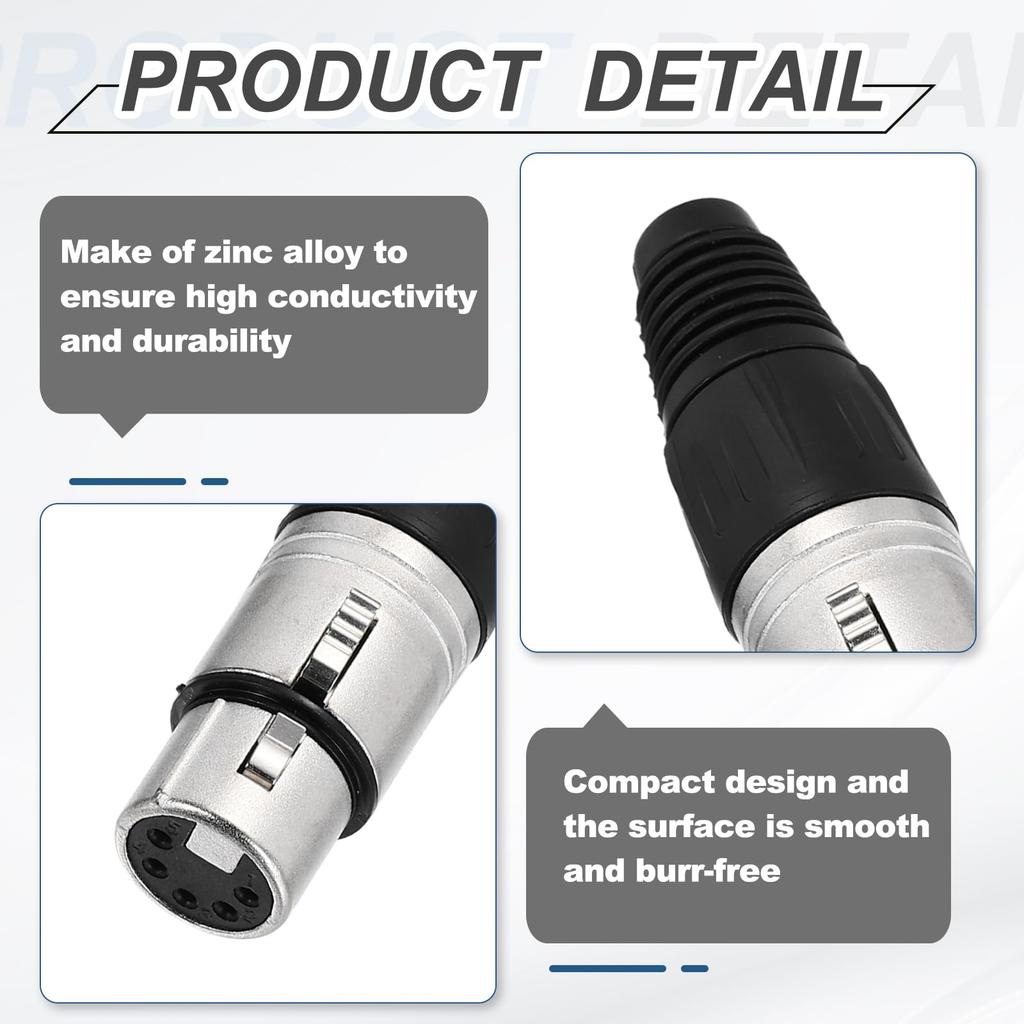 uxcell 4-Pack 5-Pin XLR Female Connectors for Microphones, Audio Cables, Plugs, Sockets, Accessories for Mixers, Power Amplifiers, Silver, 2.72 Inch