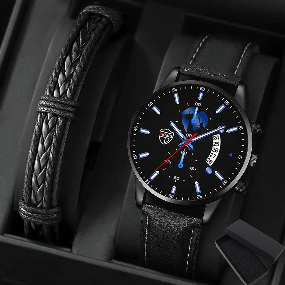 

2PSC набор модные кварцевые кожаные мужские часы повседневные деловые мужские часы с датой и браслетом для мужчин подарок