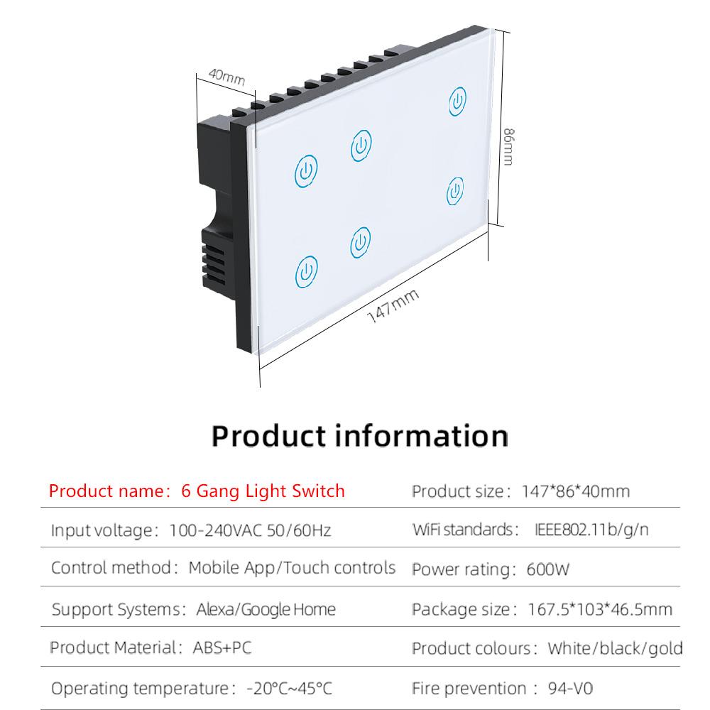 Tuya App Smart Switch 6 8 Gang Wall Light Switch Alexa Google Assistant ABS Material Max. 10A Current WIFI Network UK Standard