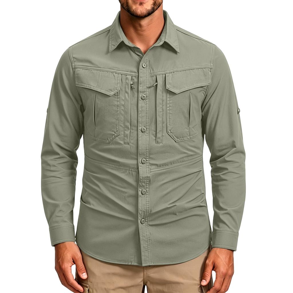 Men's Vintage Work Shirt Long Sleeve Casual Button Down Shirt Loose Fit Utility Shirt with Chest Pockets Outdoor Workwear Shirt