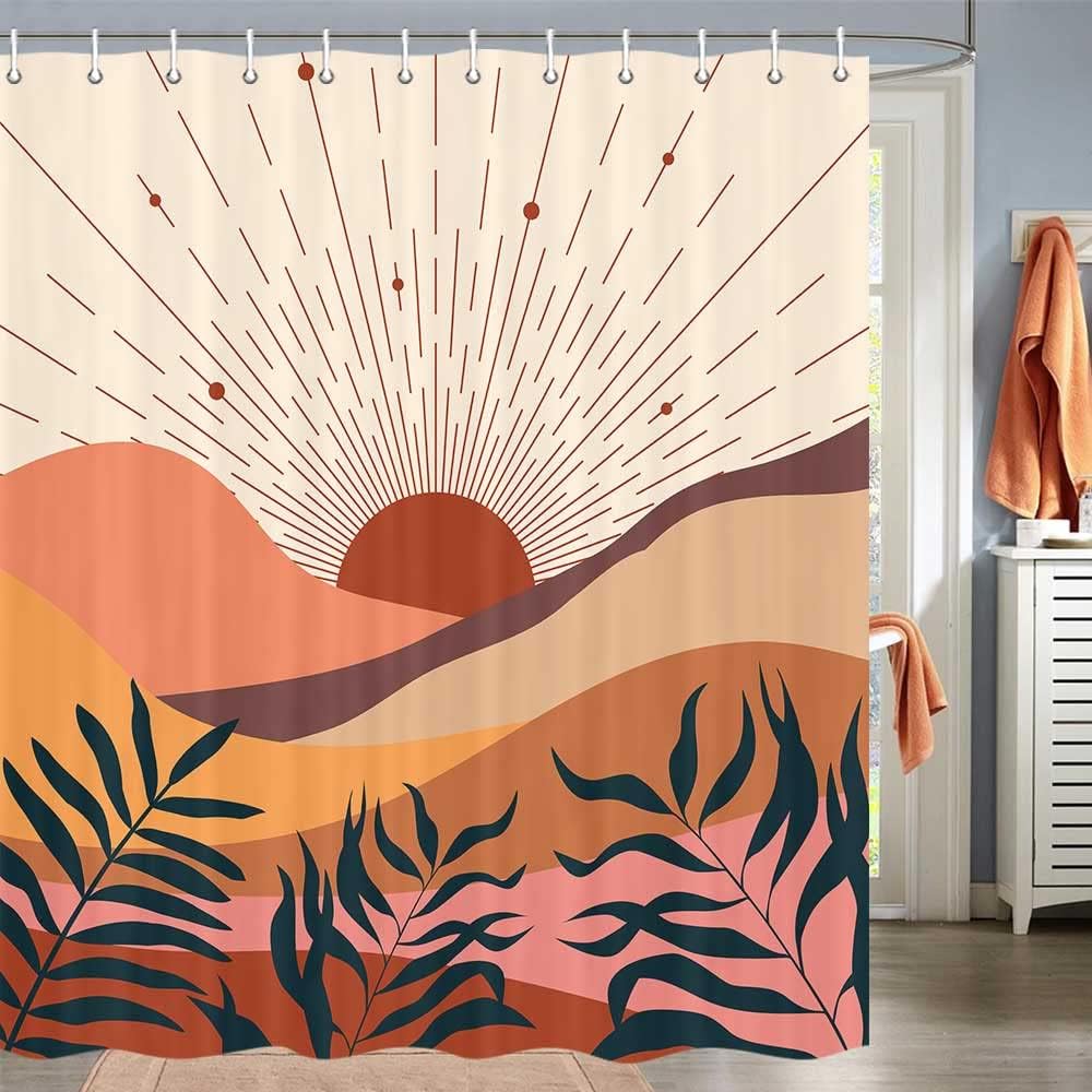 Boho Shower Curtain, Orange Bohemian Mid Century Modern Shower Curtain, Abstract Blue Leaves Plant Grey Minimalist Bathroom Decor Bath Curtain