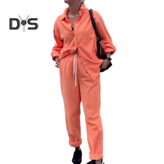 

Комплект из 2 предметов: женская рубашка и брюки, отложной воротник, однобортный, с длинными рукавами, свободный верх, эластичный пояс, широкие брюки, спортивный костюм XL темно-оранжевого