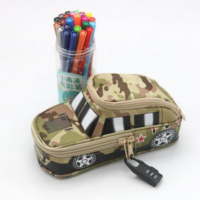 Fahrzeug-Stiftetasche mit Zahlenschloss für Jungen, Bleistiftbox aus Camouflage-Canvas mit Doppelreißverschluss