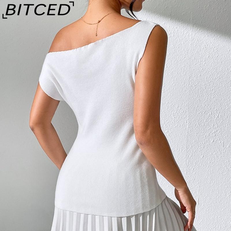 BITCED Versatile Solid-Colour Sleeveless Knit Vest Seductive Fitted Knit T-Shirt Designer Off-Shoulder Top
