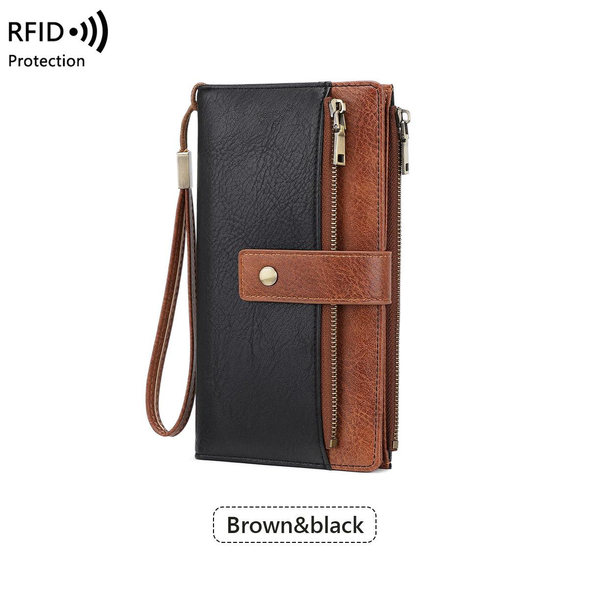

Women s RFID Blocking Leather Long Wallet Slim Clutch Wallet with Wristlet Zipper Pocket Card Slots Large Capacity Daily Purse черный коричневый