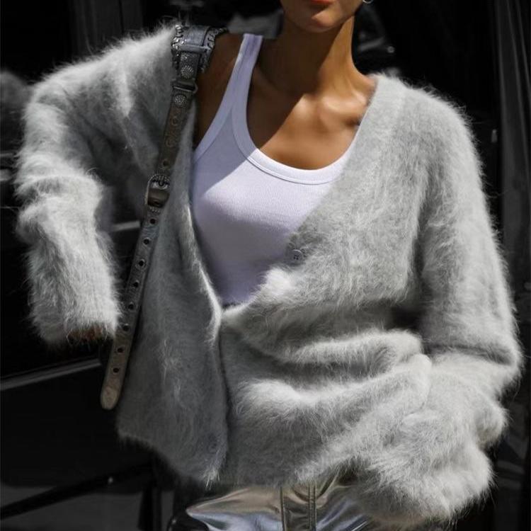 Women's Faux Mink Knit Cardigan Jacket Soft and Skin-friendly V-neck Knit Cardigan Autumn and Winter