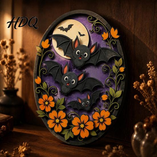 Halloween Wall Decor Oval Sign Layered Wooden Cute Ghost Bat Spooky Home Decorations Pumpkin Witch Designs Festive Art Decoration for Interior Retro