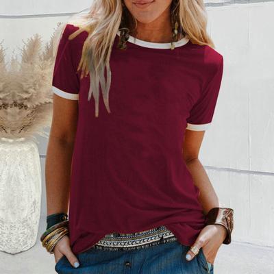 Damen T-Shirt Rundhals Kurzarm Patchwork Farbe T-Shirt Loose Fit Elastische Pullover Tops Alltagskleidung