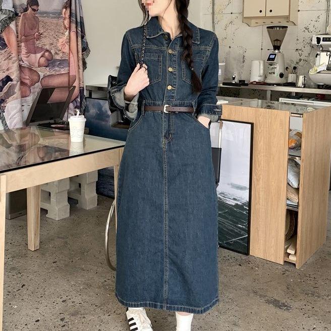 Retro Schlankheits-Denimkleid im koreanischen Stil: Taillenbetonendes Midi mit langen Ärmeln für Damen - Neue Herbst- & Frühjahrskollektion
