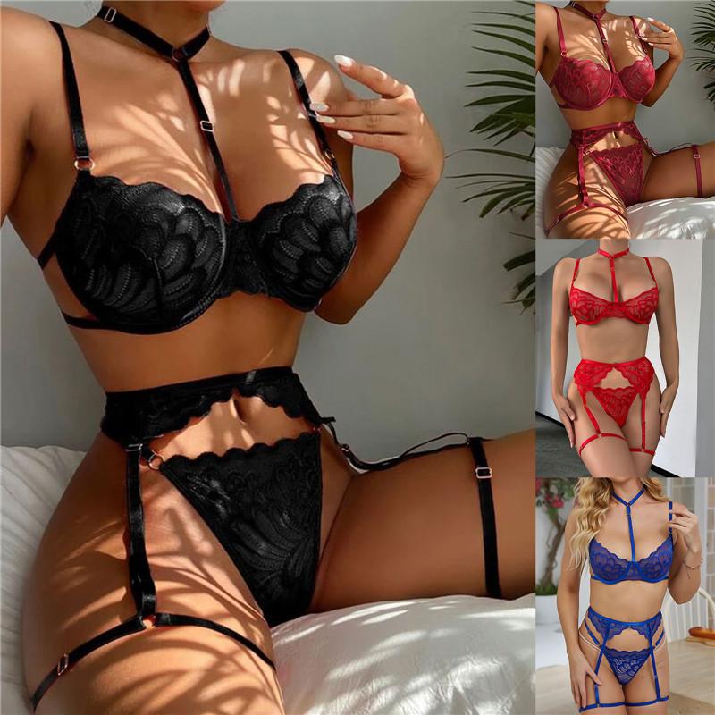 Women Sexy Solid Perspective  Underwear Set Lace Lingerie Set Lady'S Bra And Panty Garters See Through Lingerie Sets