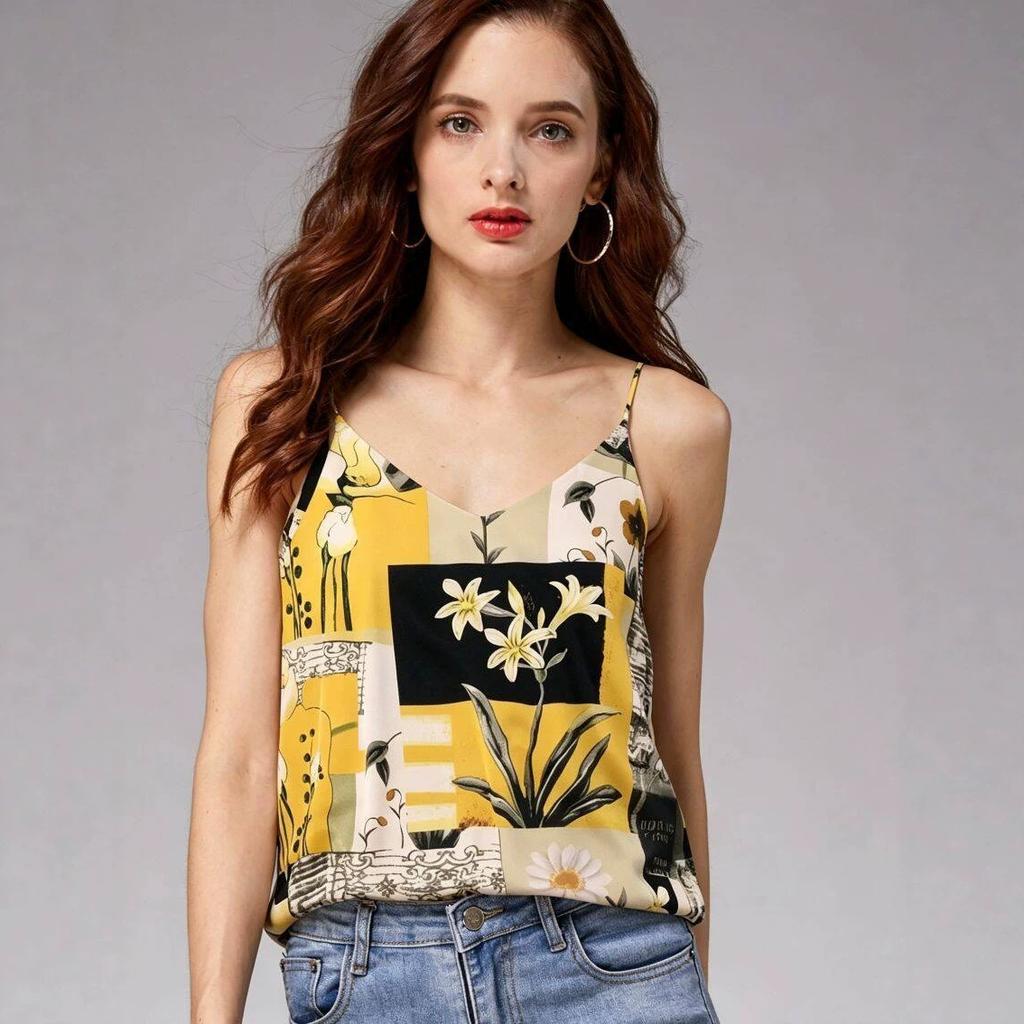 Ethnic style pattern color printing V-neck satin sling vest sleeveless bottoming shirt women's top outer wear holiday style