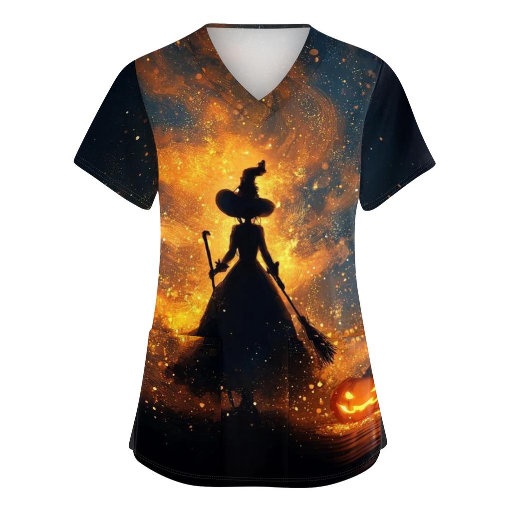 Women V Neck Short Sleeve Work Top with Side Slits and Pockets Halloween Pumpkin Print Shirt Suitable for Professional Use and Casual Wear
