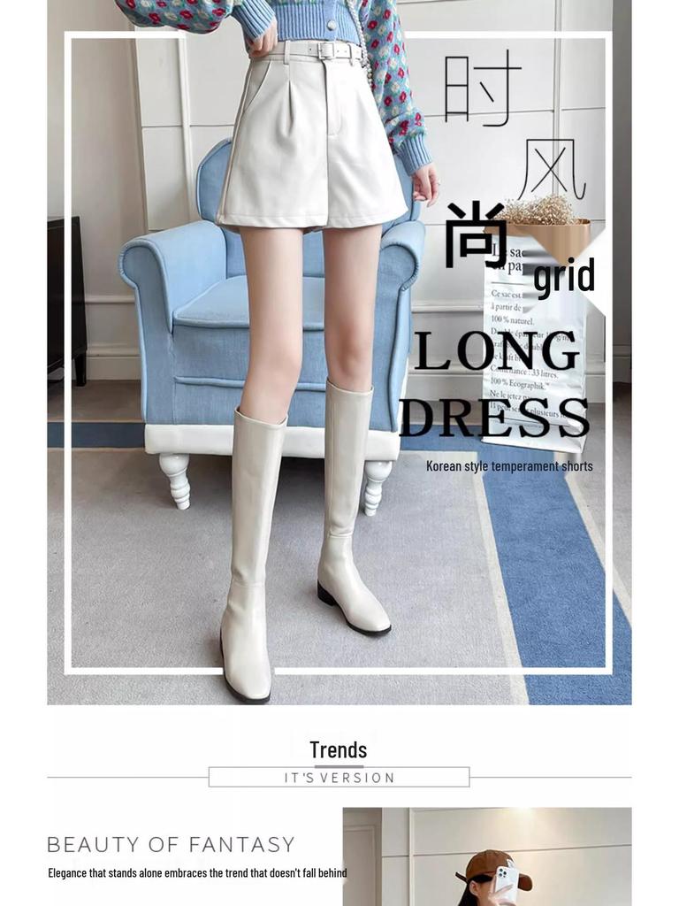 2024 Podzim/Zima Dámské černé šortky z PU kůže s vysokým pasem a zeštíhlujícím efektem