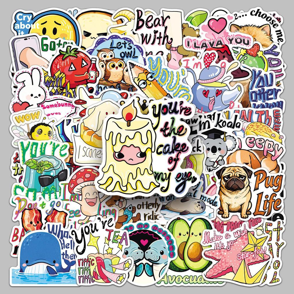 50PCS Cute Cartoon English Pun Stickers for Laptops, Tablets, and Phone Cases
