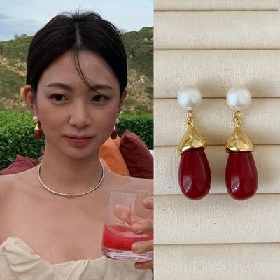 Μπλόγκερ Κόκκινη Σταγόνα Νερού Μαργαριταρένια Σκουλαρίκια Καρφάκια Γυναικεία Υπερβολή Μοναδική Προσωπικότητα Μόδα Ευέλικτα Σκουλαρίκια