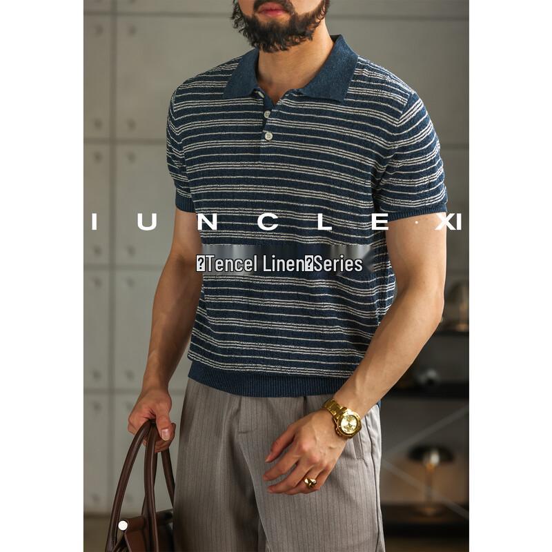 iunclexi Men s Tencel Linen Striped Knitted Polo Shirt 2XL