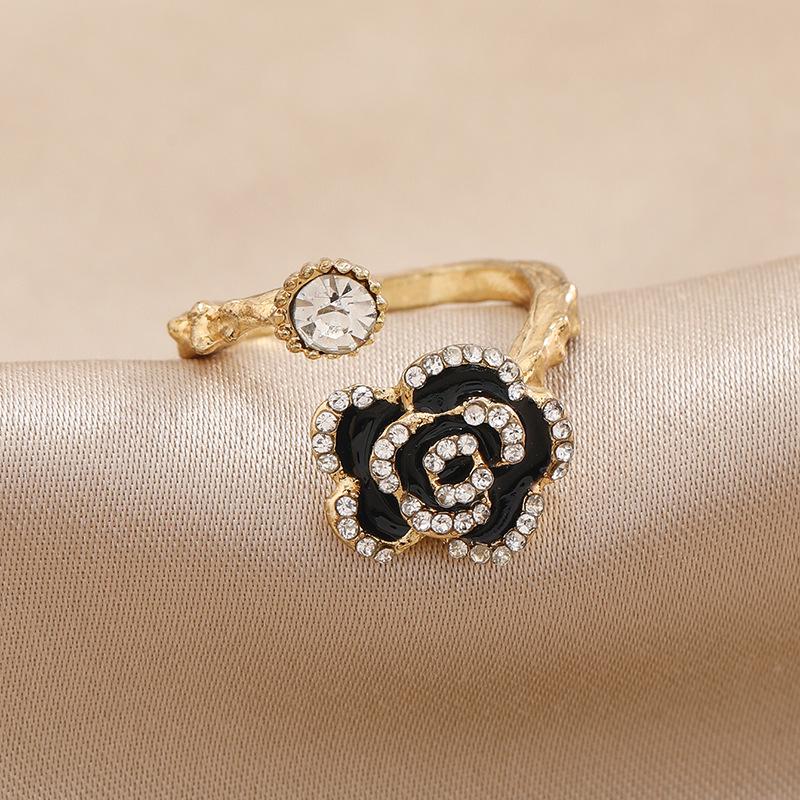 Korean Trendy Rhinestone Peony Flower Open Ring Creative Design