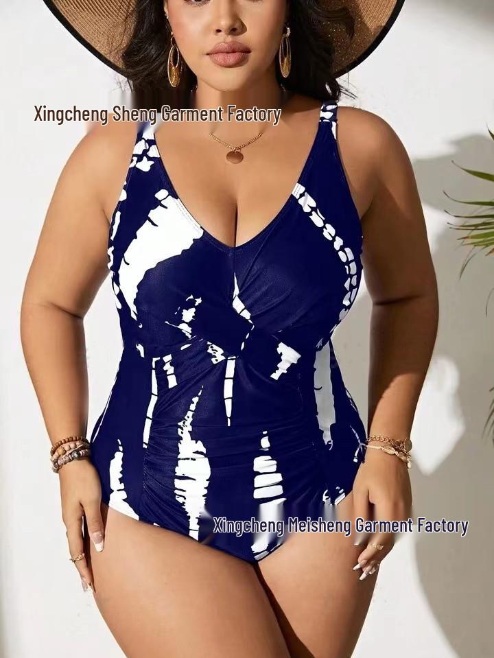 European & American 2024 Plus Size Printed Halter Backless Ruched Bikini for Women