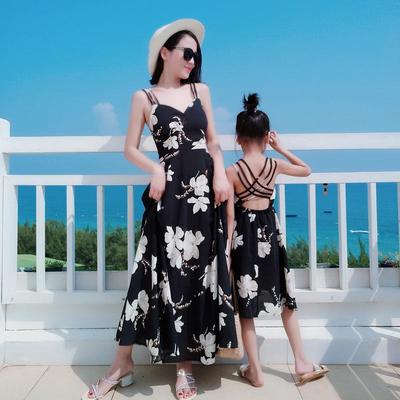 Summer 2023 Korean Style Parent-Child Mid-Length Print Backless Camisole Beach Dress